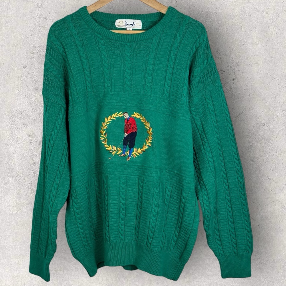 Vintage Pringle of Scotland Green Golf Embroidery‎ Cable Knit Sweater Size Large